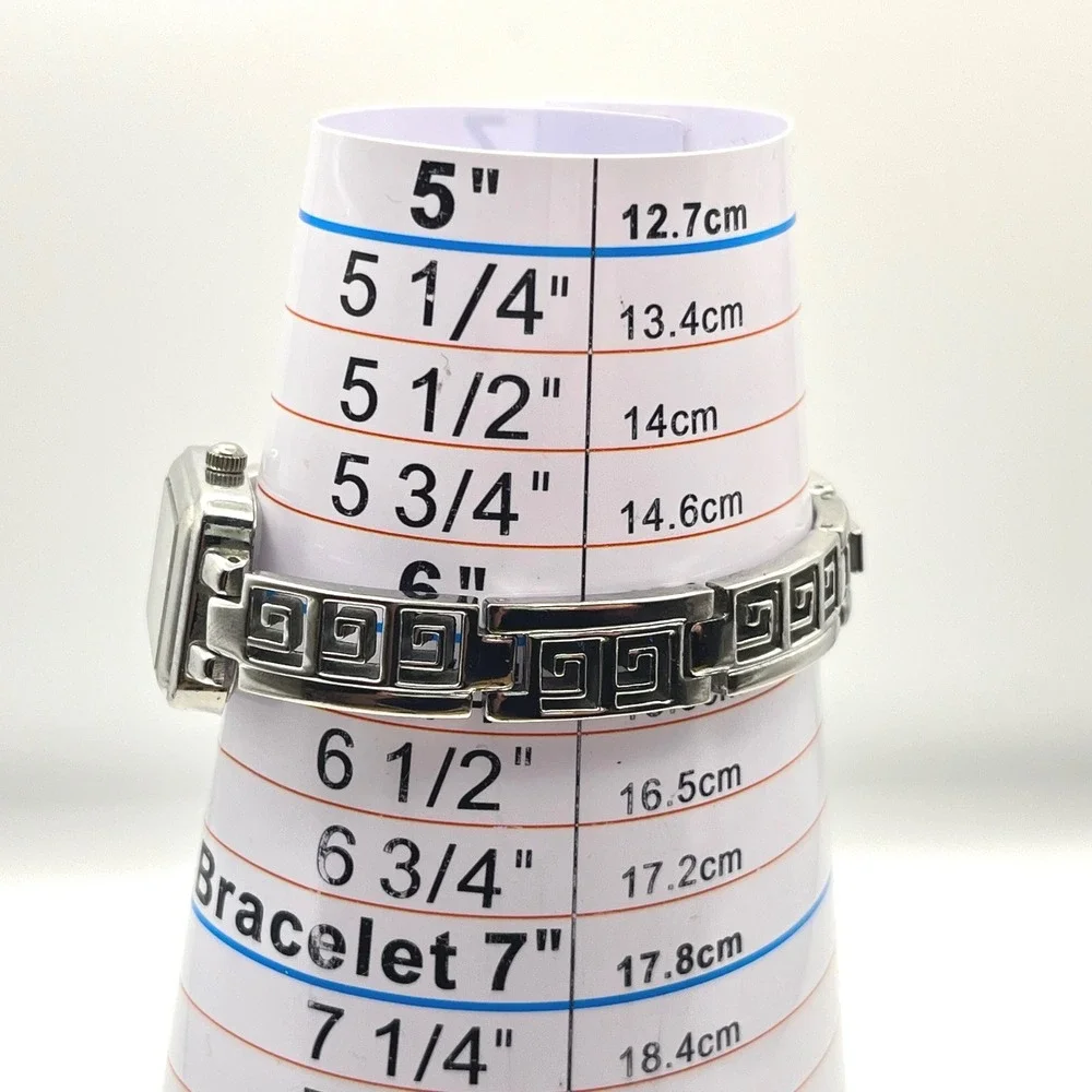 Persona Silver Tone Greek Key Link Bracelet Watch Rectangular Crystal Dial 6in